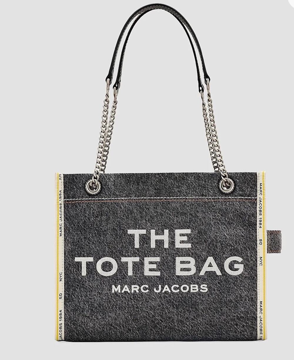 Marc Jacobs Dark Gray Denim Tote With Yellow Stitching and Chain Straps
